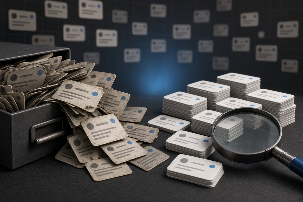 On the left, tangled stacks of faded social post cards spill from an overflowing archive drawer; on the right, the same cards sit in neat chronological piles beside a single magnifier.