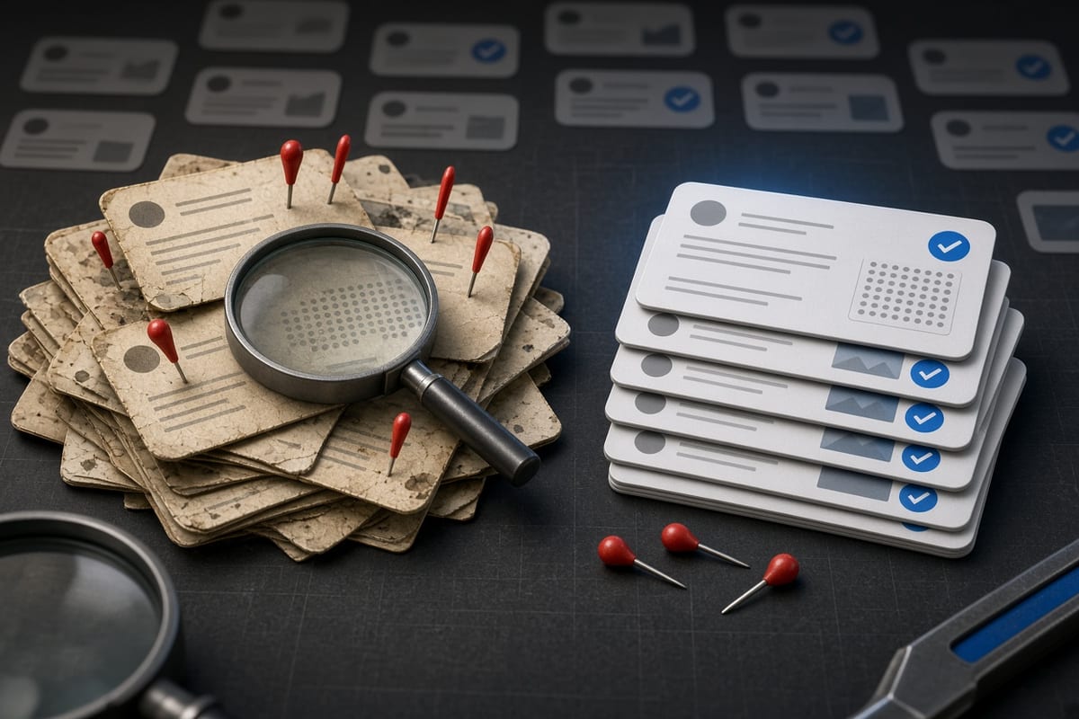 On the left, a messy pile of yellowed social post cards lies scattered with map pins stuck through them and a magnifier resting on top; on the right, the same cards stand in a neat stack beside the magnifier with the pins removed and set aside.