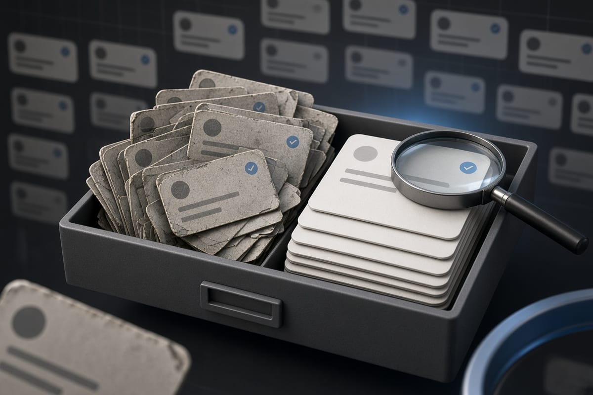 On the left, a jumbled overflowing stack of faded social post cards lies buried inside an open archive drawer; on the right, a single neat stack of social post cards stands upright beside the same drawer with a magnifier resting on top.
