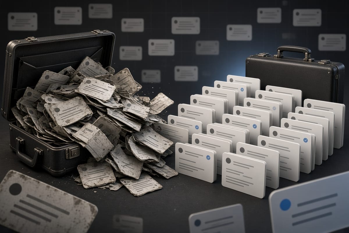On the left, crumpled social post cards spill in a messy heap from an open briefcase; on the right, the same cards stand in neat stacked rows beside a closed briefcase.