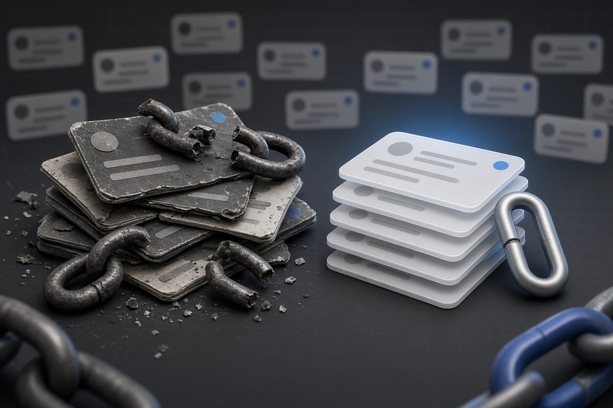 On the left, stacks of social post cards lie cluttered with broken chain links draped across them; on the right, the same cards stand in neat stacks beside one intact chain link.
