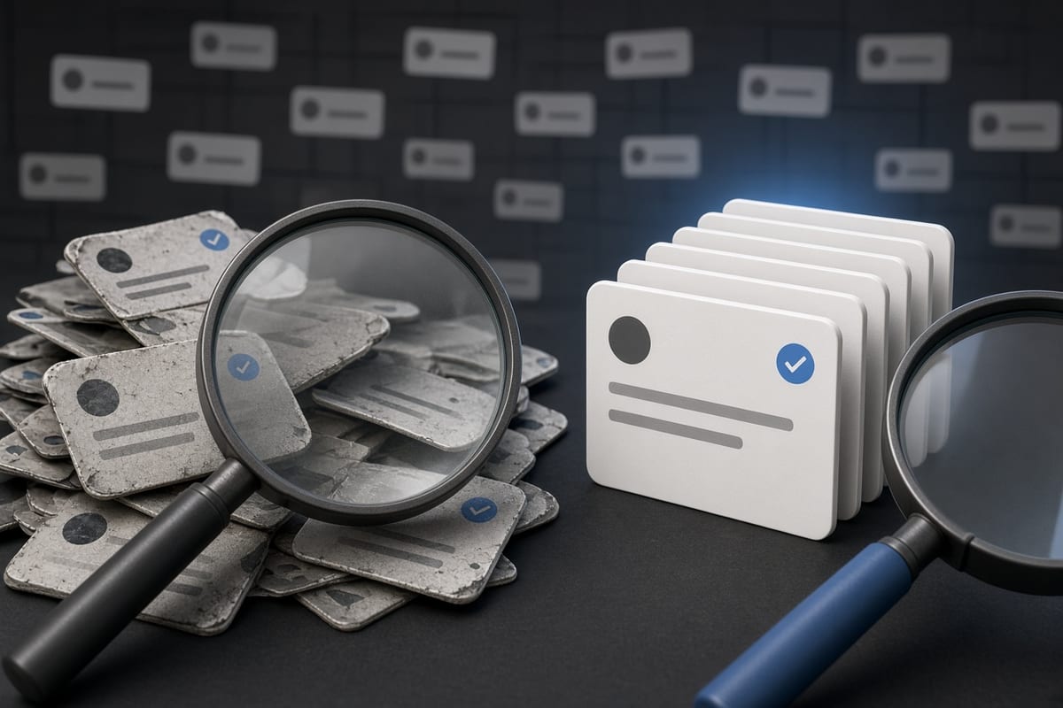 On the left, a messy pile of social post cards lies scattered and overlapping beside a magnifier; on the right, the same cards stand in a neat upright stack next to the magnifier.