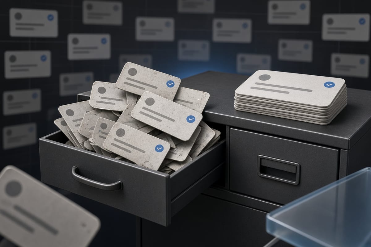 On the left, messy stacks of social post cards spill from an overflowing open drawer; on the right, a single neat stack of social post cards rests beside the same drawer now empty and closed.