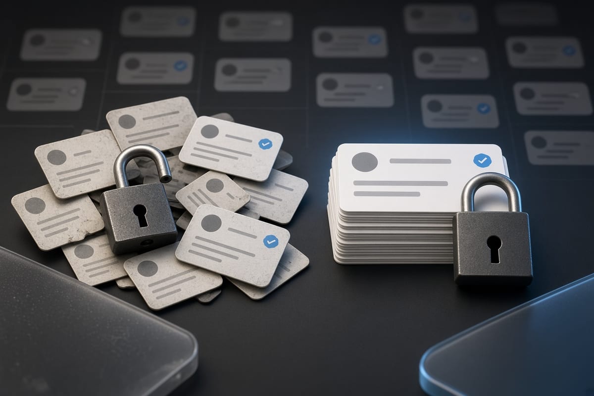 On the left, a cluttered stack of social post cards spills openly beside an open padlock; on the right, the same cards sit in a single neat pile next to a closed padlock.