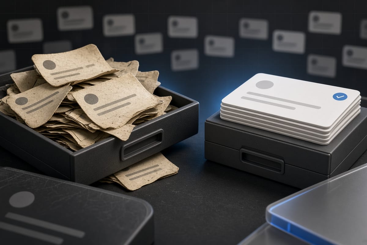 On the left, a messy pile of yellowed social post cards lies scattered and overlapping beside an open drawer; on the right, the same cards sit in a single neat stack next to the closed drawer.