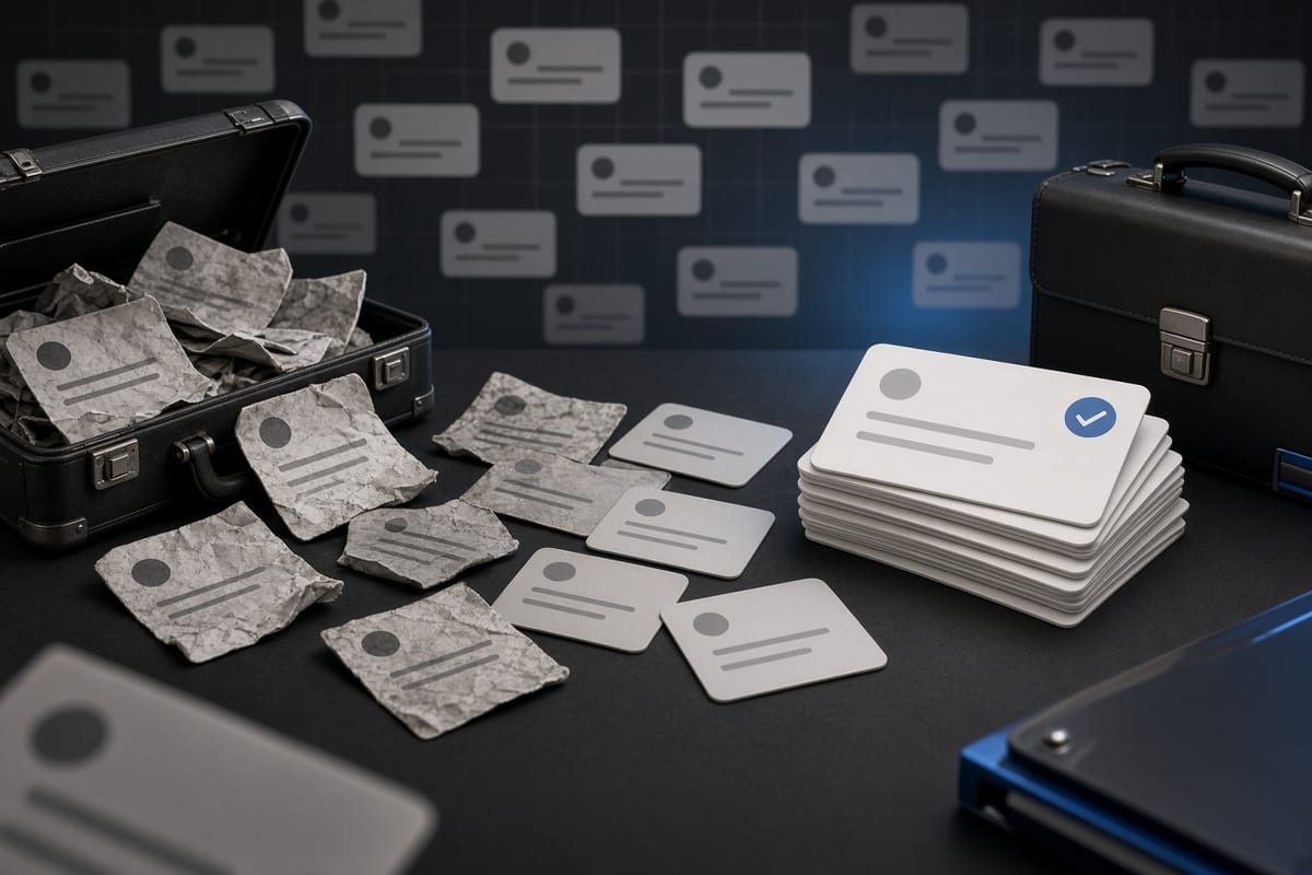 On the left a scattered stack of old social post cards lies crumpled beside an open cluttered briefcase; on the right the same cards sit in a neat stacked pile next to the closed briefcase.