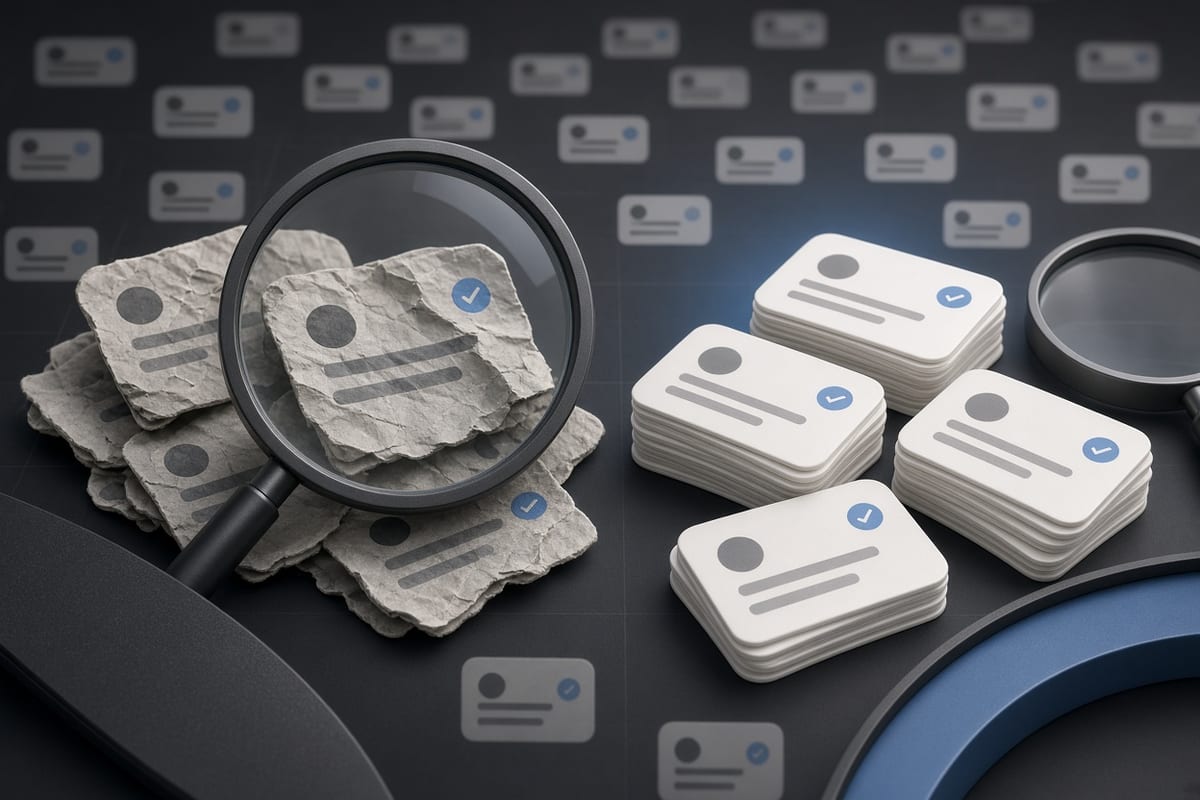 On the left, stacks of social post cards lie crumpled and overlapping beneath a magnifier; on the right, the same stacks sit cleared away beside the magnifier.