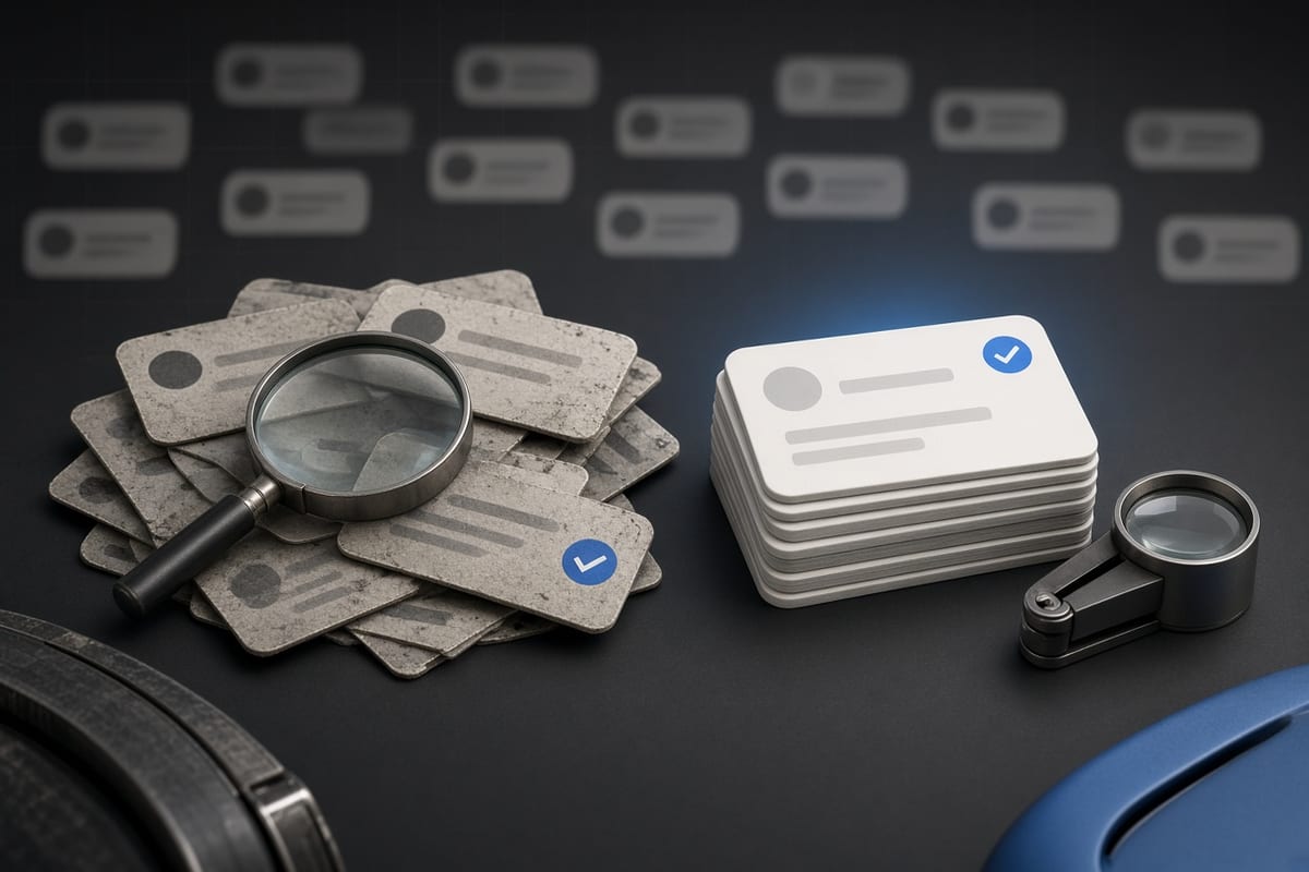On the left, a disheveled stack of social post cards lies scattered and overlapping beside an open magnifier; on the right, the same cards sit in a neat aligned stack next to the closed magnifier.