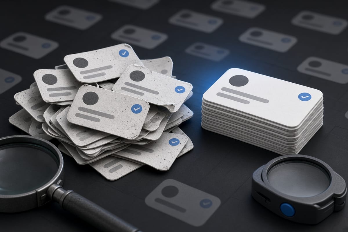 On the left, scattered stacks of social post cards lie crumpled and overlapping beside an open magnifier; on the right, the same stacks sit in a single neat pile beside the closed magnifier.