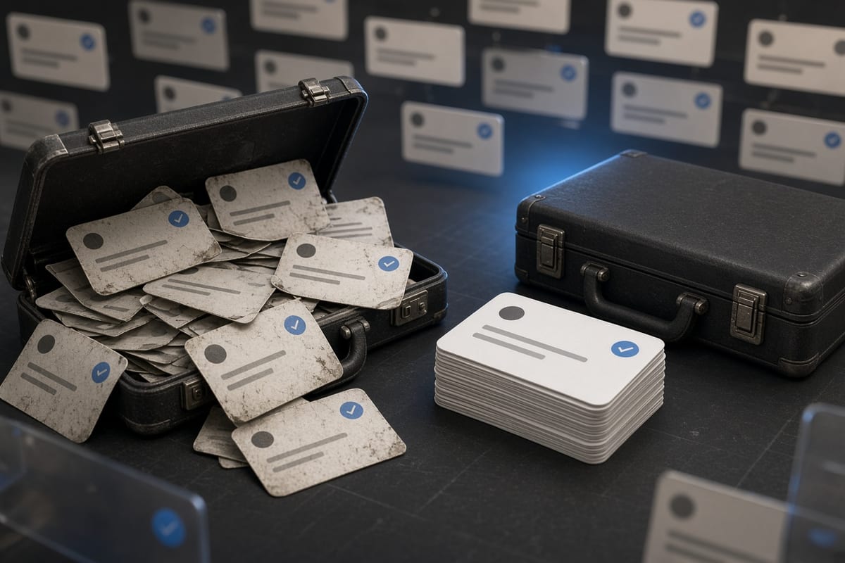 On the left, torn and scattered social post cards spill from an open briefcase; on the right, the same cards sit in a neat stack beside the closed briefcase.