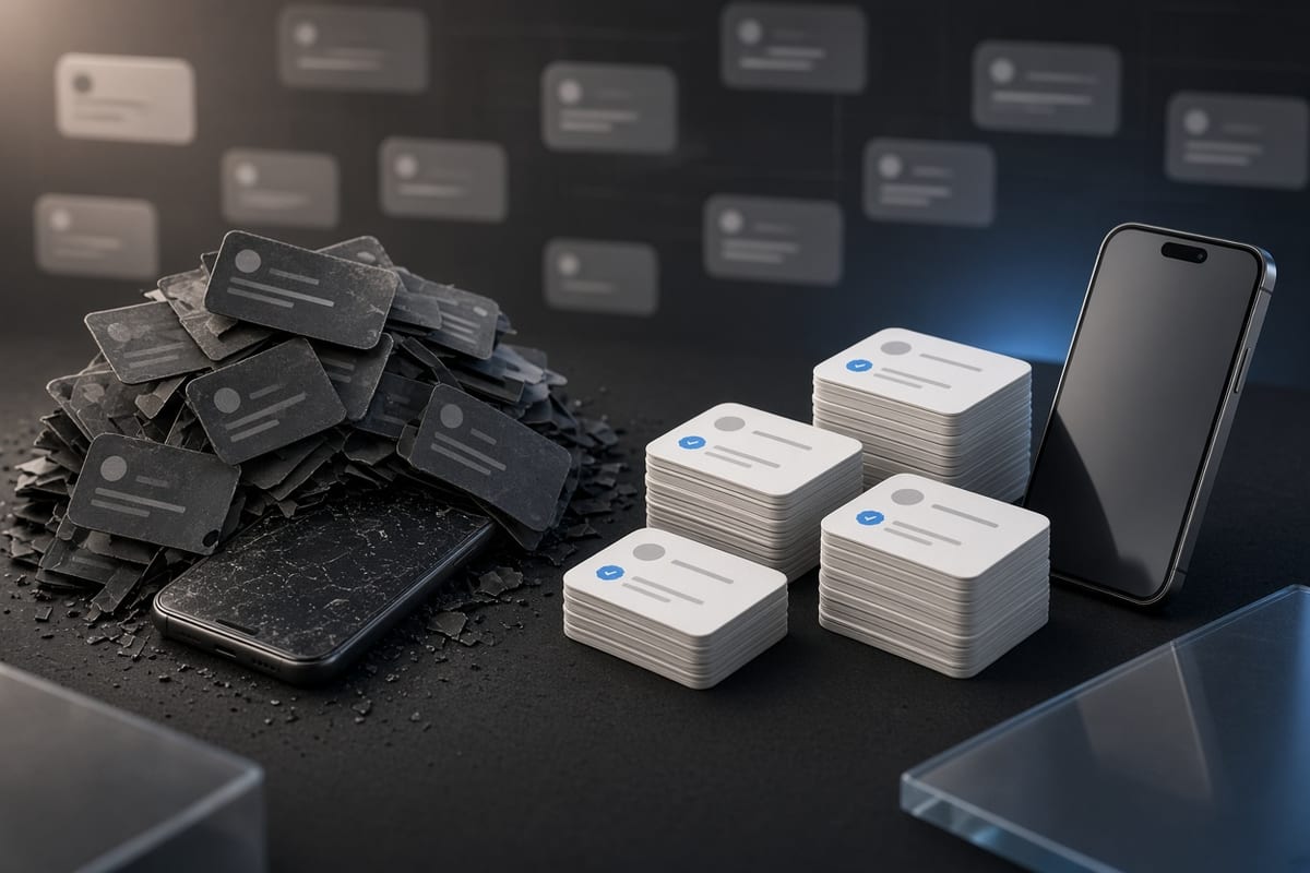On the left, stacks of social post cards tumble in a heap beside a discarded smartphone; on the right, the same stacks of social post cards sit in neat piles next to an intact smartphone.