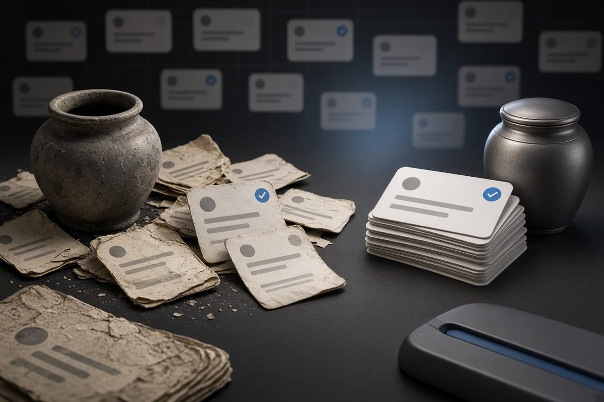 On the left, crumpled yellowed social post cards lie scattered around an open dusty urn; on the right, the same cards sit in a neat stack beside a sealed polished urn.