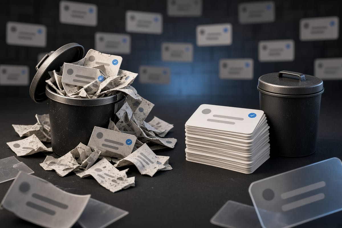 On the left, stacks of social post cards lie crumpled and overflowing beside an open trash bin; on the right, the same cards sit in a single neat stack next to a closed empty trash bin.
