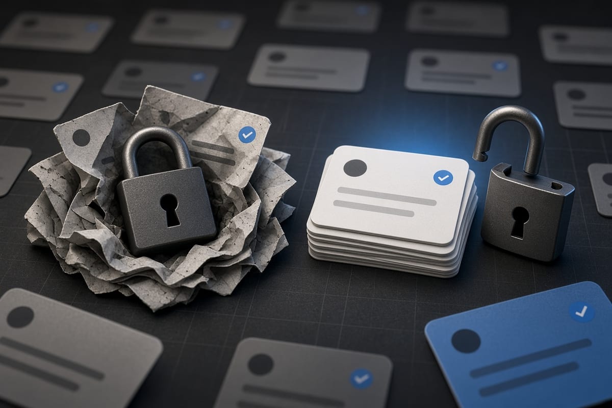 On the left, crumpled social post cards lie scattered and tangled around a closed padlock; on the right, the same cards sit in a neat stack beside the open padlock.
