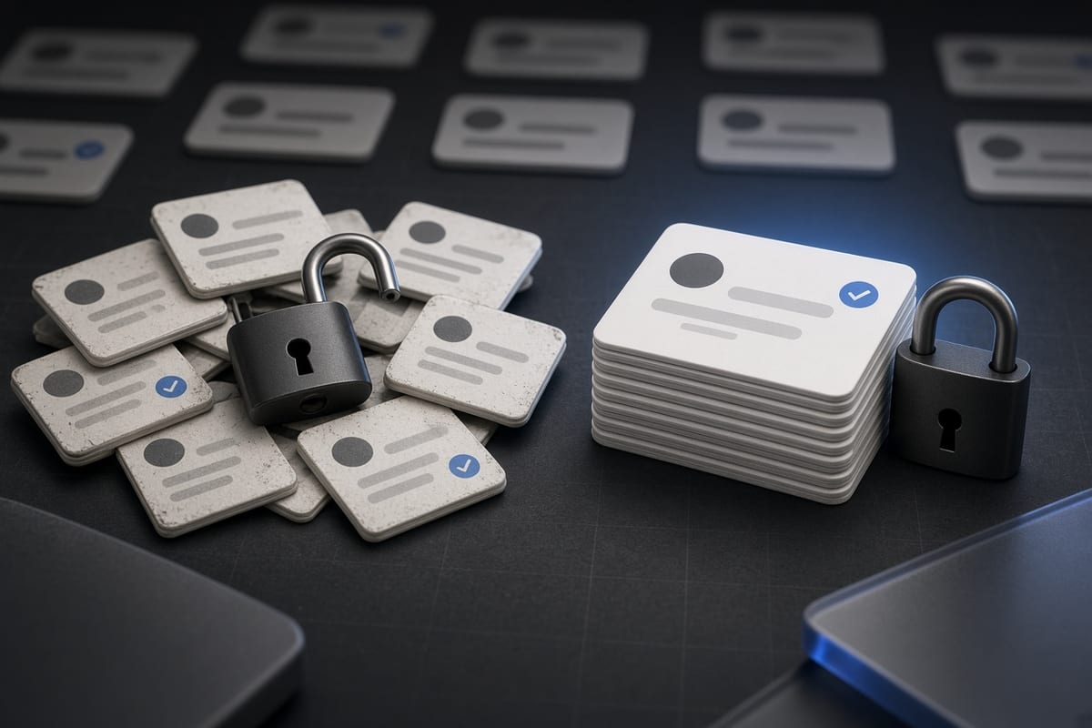 On the left, stacks of social post cards lie scattered and face-up beside an open padlock; on the right, the same cards sit in a neat closed stack next to the padlock fastened shut.