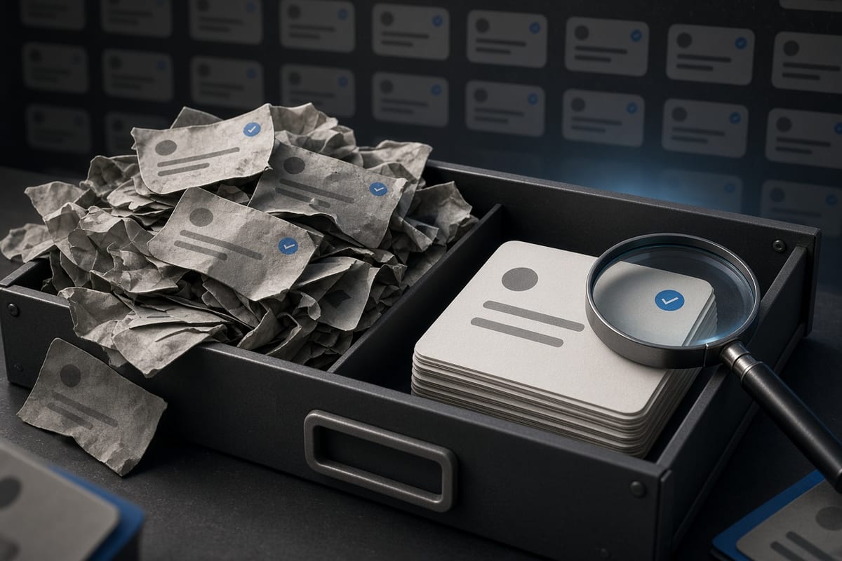 On the left, crumpled stacks of social post cards spill messily from an open archive drawer; on the right, the same drawer holds one tidy stack of social post cards beside a magnifier.