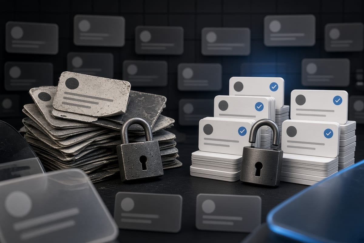 On the left, messy stacks of social post cards sit tangled behind a closed padlock; on the right, the same cards stand in neat stacks beside the open padlock.