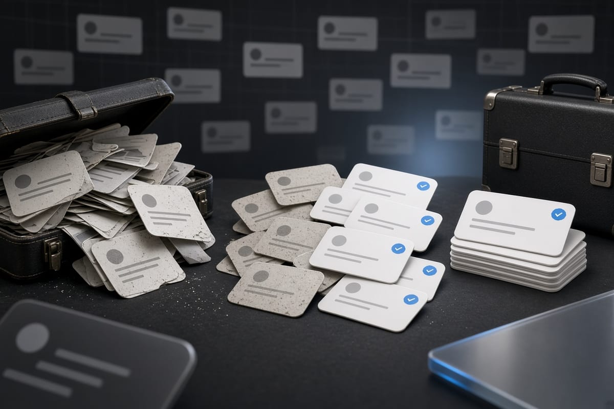 On the left, a disordered heap of social post cards spills beside an open briefcase with papers jutting out; on the right, the same cards sit in a neat stack next to the closed briefcase.