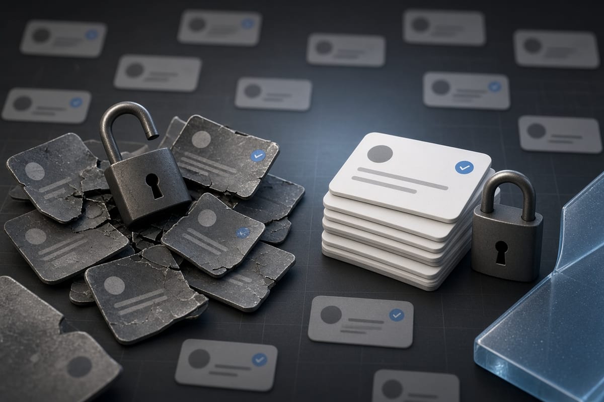 On the left, toppled stacks of social post cards spill around an open padlock; on the right, the same stacks stand in neat piles beside a closed padlock.