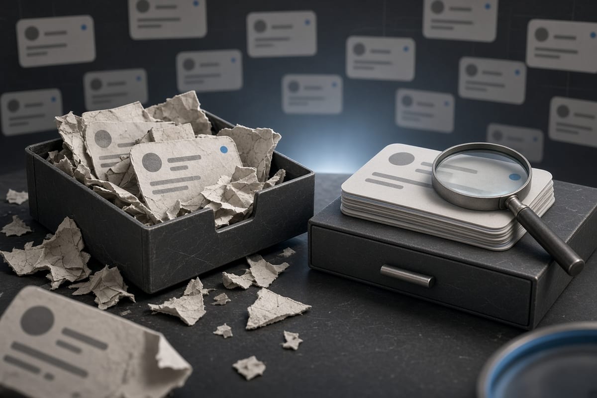 On the left, stacks of social post cards lie crumpled and scattered beside an open drawer stuffed with torn cards; on the right, the same stacks sit neatly ordered next to the closed drawer with a magnifier resting across them.