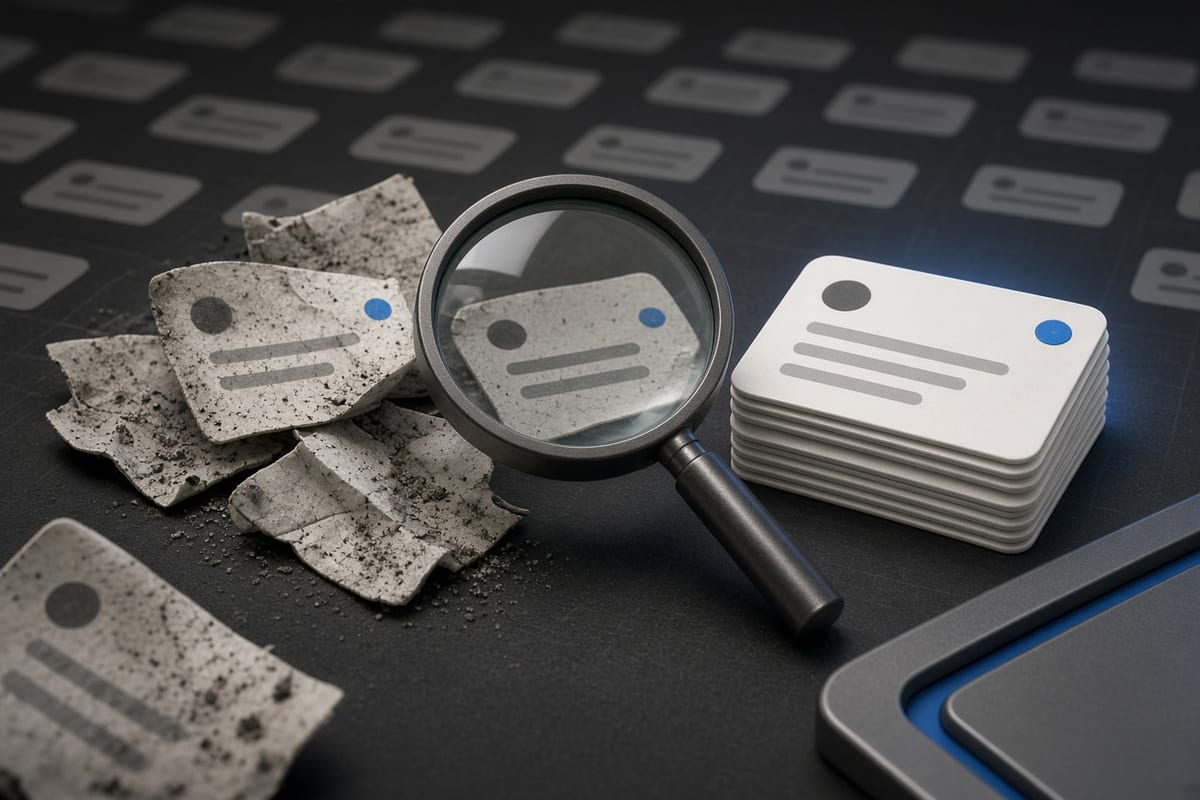 On the left, crumpled social post cards lie scattered beneath a magnifying glass; on the right, the same cards sit in a neat stack beside the magnifying glass.