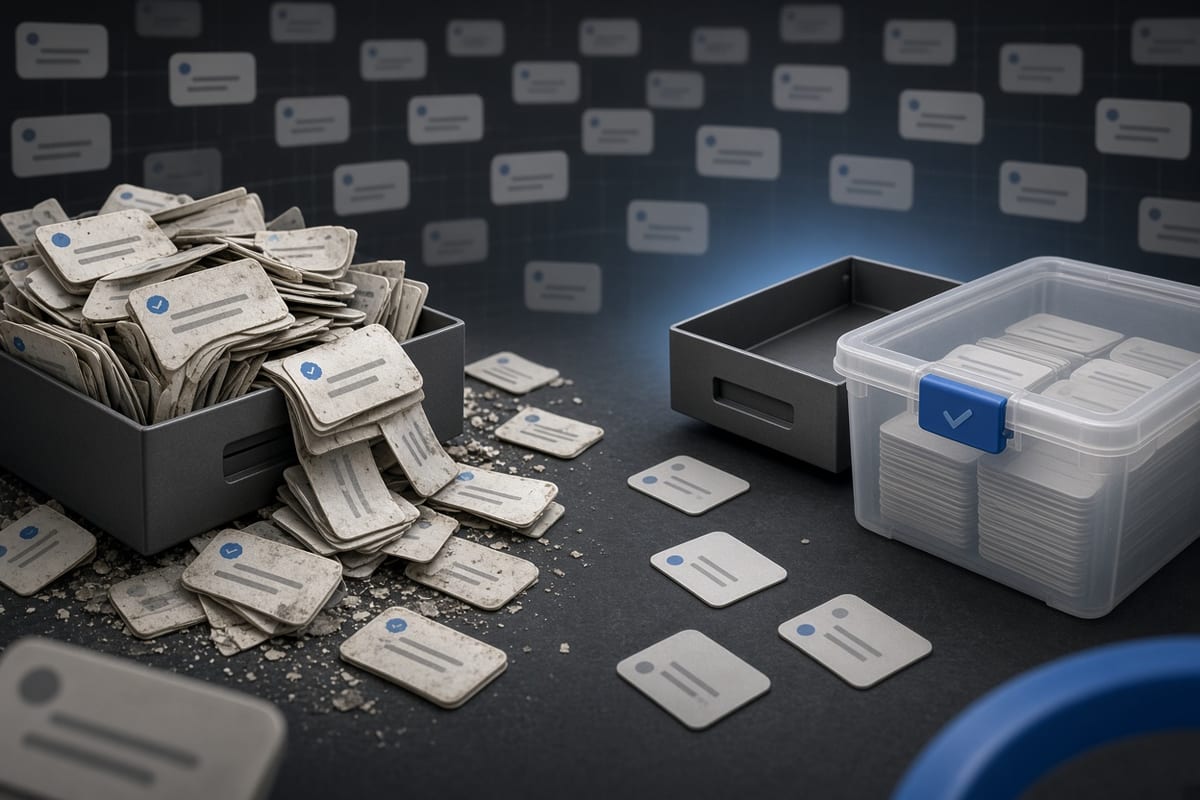 On the left, stacks of faded social post cards spill from an overstuffed drawer and scatter into mixed piles of other cards; on the right, the same drawer stands empty beside neat stacks of social post cards sealed inside a closed bin.